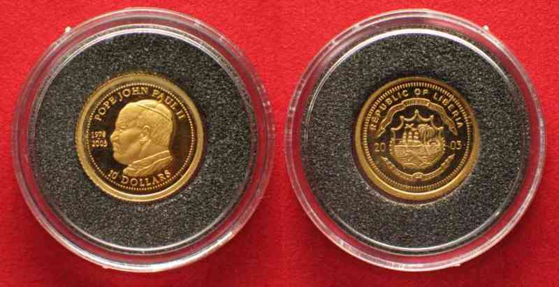 1/25 oz Gold LIBERIA 10 Dollars 2003 Pope JOHN PAUL II Proof