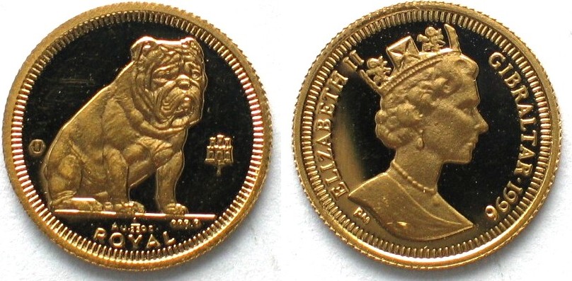 GIBRALTAR 1/25 Royal 1996 dogs BULLDOG gold 1/25 oz SCARCE