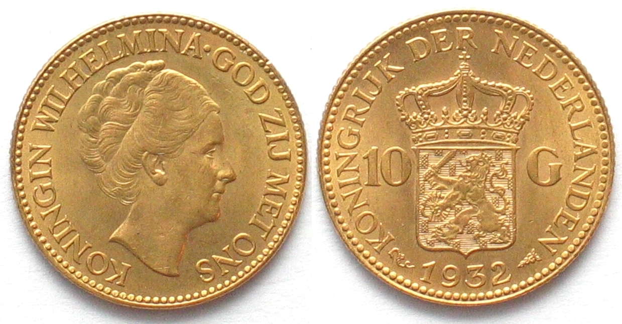 Niederlande NETHERLANDS 10 Gulden 1932 WILHELMINA Gold UNC | MA-Shops