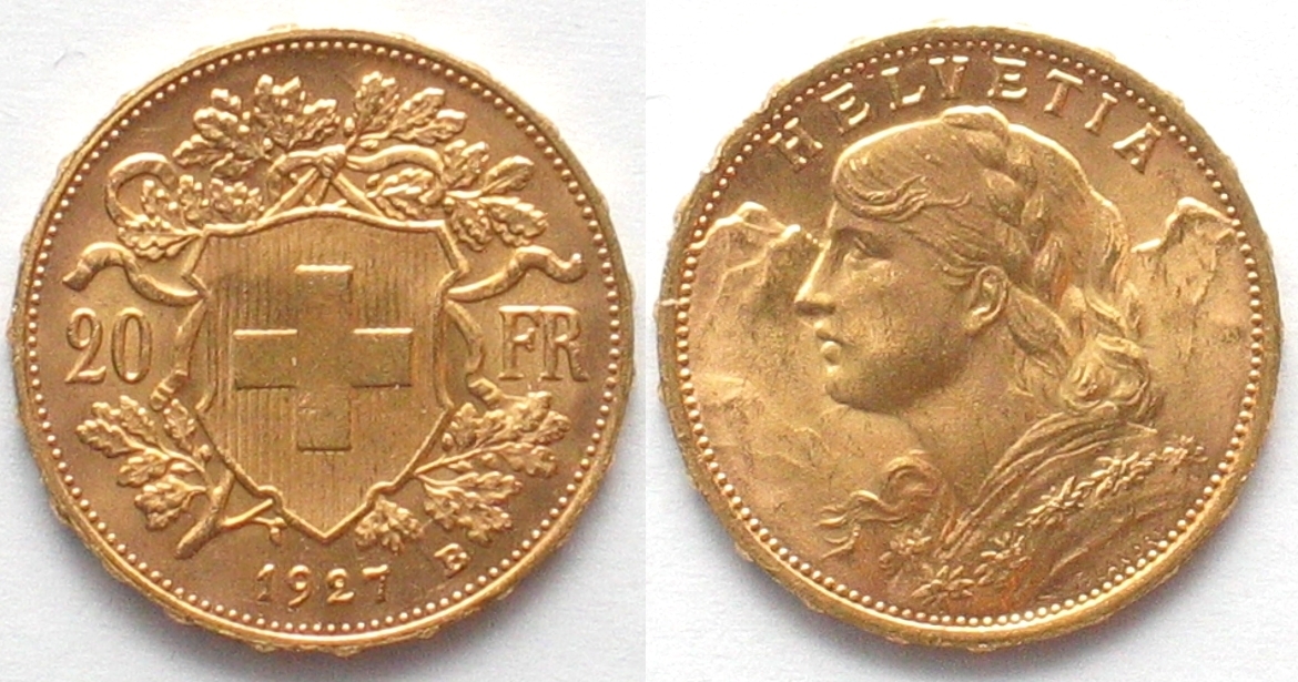 Schweiz SWITZERLAND 20 Francs 1927 B VRENELI Gold UNC | MA-Shops