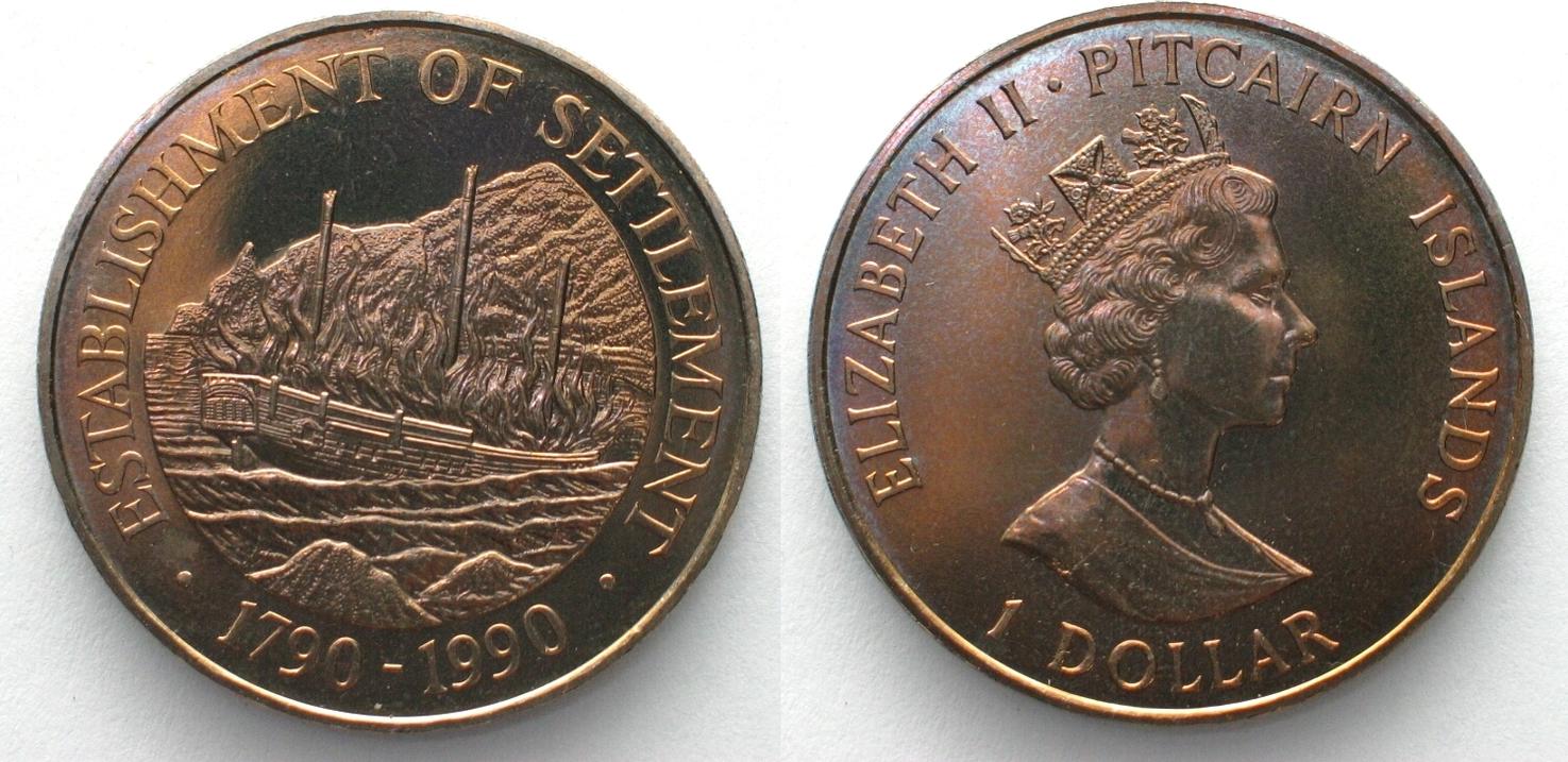 PITCAIRN ISLANDS 1 Dollar 1990 ESTABLISHMENT of SETTLEMENT Cu-Ni UNC ...