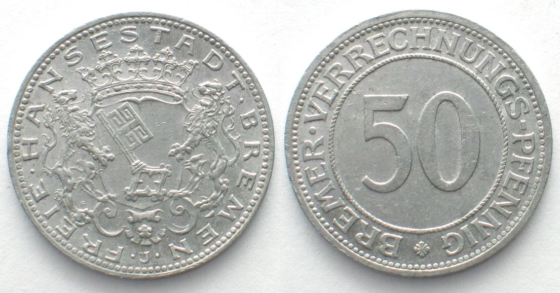 Немецкая р. Бремен 10 пфенниг 1924. Монета.Германии.50.пфеннигов.1924. Германия 1924. Нотгельды города Pforzheim Kollmar und Jourdan.