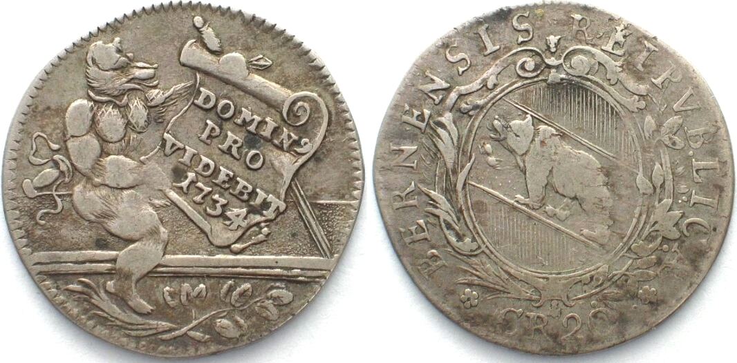 Schweiz - Bern Swiss BERN 20 Kreuzer 1734 SCHOOL PRIZE silver VF