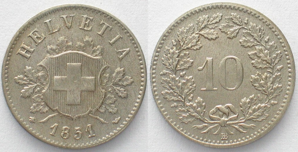 Schweiz SWITZERLAND 10 Rappen 1851 BB Billon AU! | MA-Shops