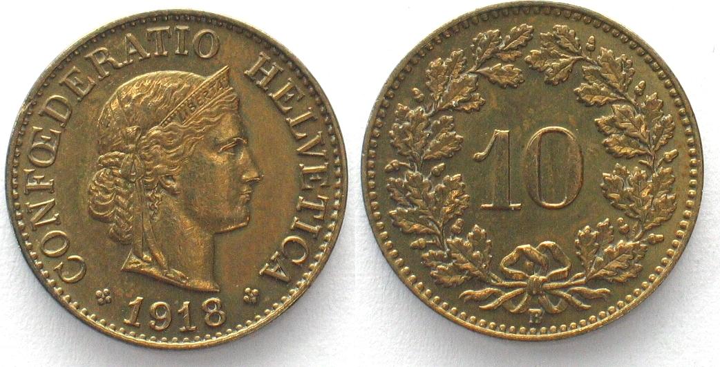 Schweiz SWITZERLAND 10 Rappen 1918 brass AU! | MA-Shops