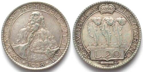 SAN MARINO 20 Lire 1938 silver, key date, RARE!!! UNC-