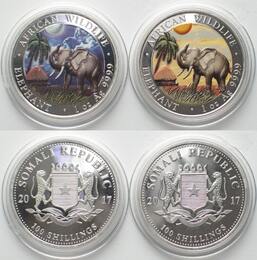 SOMALIA Set 2 x 100 Shillings 2017, Elephant DAY & NIGHT silver 1 oz COLORED BU