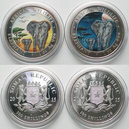 2015 SOMALIA Set 2 x 100 Shillings 2017 Elephant DAY & NIGHT silver 1 oz Colored RARE BU