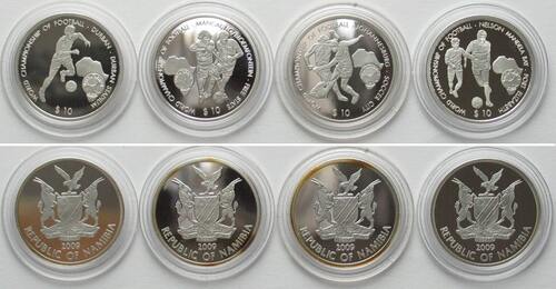 NAMIBIA. Complete Set 4 x 10 $ 2009 FOOTBALL WORLD CHAMPIONSHIP silver RARE! Proof