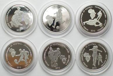 TOGO. Complete Set 6 x 250 Francs 2010, Soccer World Cup, silver, VERY RARE! Proof