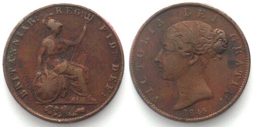 England  RRR! GREAT BRITAIN. Halfpenny 1845 VICTORIA copper, KEY DATE! VF