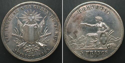 Schweiz - Schützentaler  LA CHAUX-DE-FONDS 5 Francs 1863 SHOOTING FESTIVAL silver Prooflike Specimen