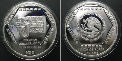 Mexiko  MEXICO 5 Nuevos Pesos 1994 Mascaron Del Dios Chaac PRE-COLUMBIAN Proof w. COA