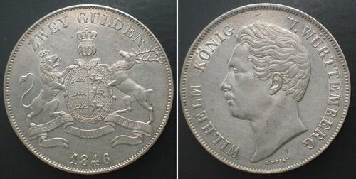 Württemberg  Germany WURTTEMBERG 2 Gulden 1846 WILHELM I silver UNC-!