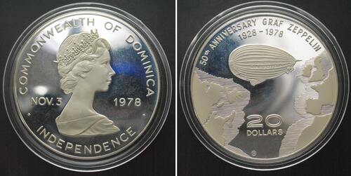 DOMINICA 20 Dollars 1978 CHI, GRAF ZEPPELIN silver Proof RARE!