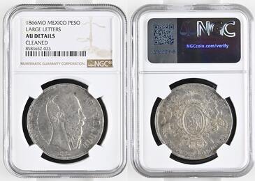 MEXICO 1866MO MEXIKO Kaiserreich. 1 Peso 1866 Mo MAXIMILIAN Silber ERHALTUNG! NGC AU DETAILS