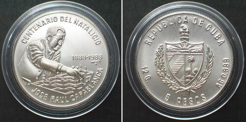 Kuba  CUBA 5 Pesos 1988 Chess JOSE RAUL CAPABLANCA silver RARE!!! BU