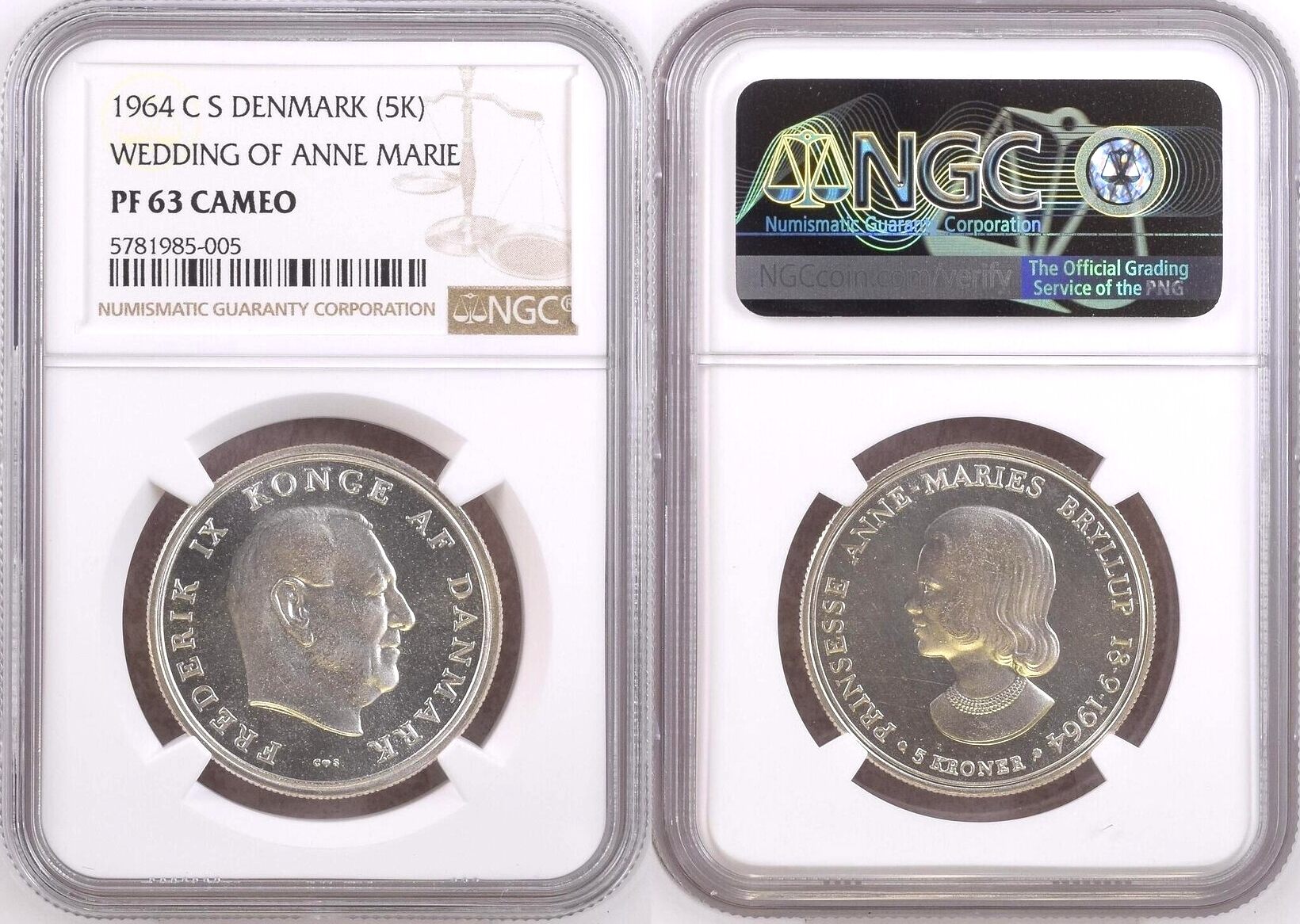 5K) 1964 C S DENMARK 5 Kroner 1964 WEDDING of PRINCESS ANNE-MARI