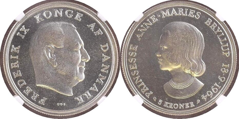 5K) 1964 C S DENMARK 5 Kroner 1964 WEDDING of PRINCESS ANNE-MARI