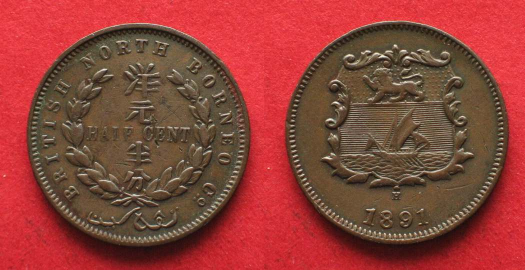 Britisch Nordborneo BRITISH NORTH BORNEO 1/2 Cent 1891 H Bronze AXF ...