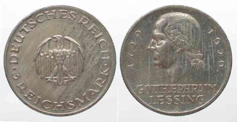 WEIMARER REPUBLIK 3 Mark 1929 A LESSING J.335 Silber # 64913