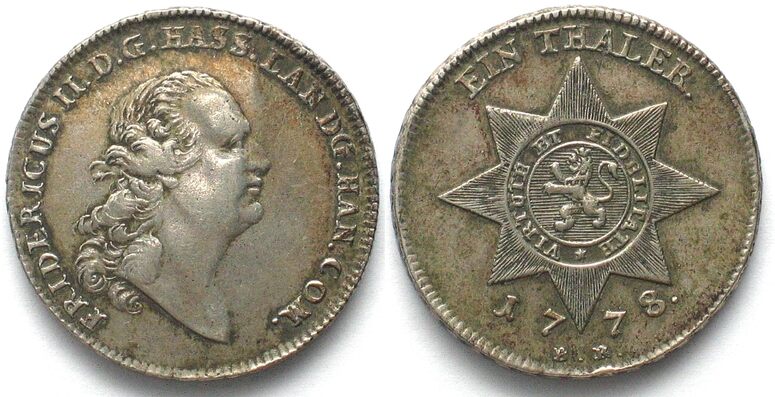 Hessen Kassel Taler HESSE CASSEL Thaler 1778 BR BLOOD DOLLAR FRIEDRICH II Silver XF EF MA Shops