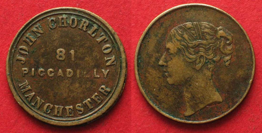 British Tokens MANCHESTER JOHN CHORLTON PICCADILLY 81 Unofficial Farthing  Token c.1840 # 87182 VF