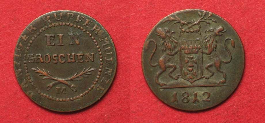 DANZIG 1 Groschen 1812 copper VF+ SCARCE! # 91836 ss+ | MA-Shops