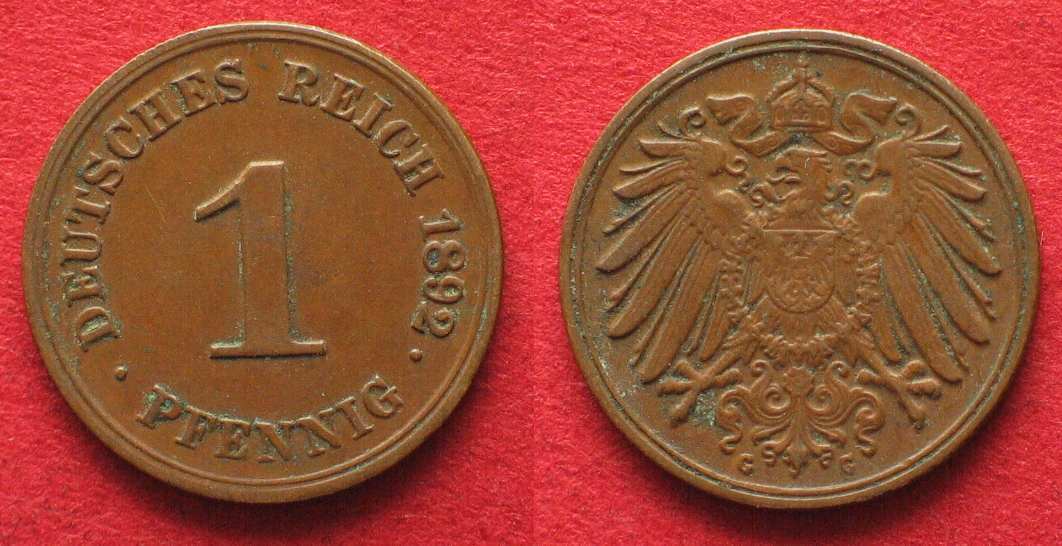 Deutschland - Kaiserreich Germany EMPIRE 1 Pfennig 1892 G copper SCARCE ...