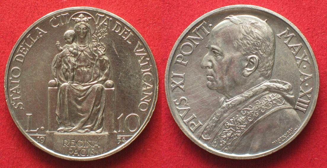 Vatikan VATICAN 10 Lire 1934 A. XIII PIUS XI Madonna silver XF-UNC ...