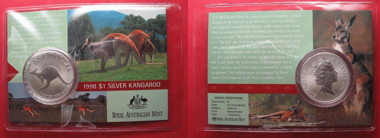 Australien 1 Oz Silver Australian Kangaroo 1 Dollar 1998 Bu In Coincard 