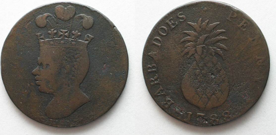 BARBADOS Penny 1788 PINEAPPLE copper aVF/VF SCARCE!!! # 95324 VF-/VF ...