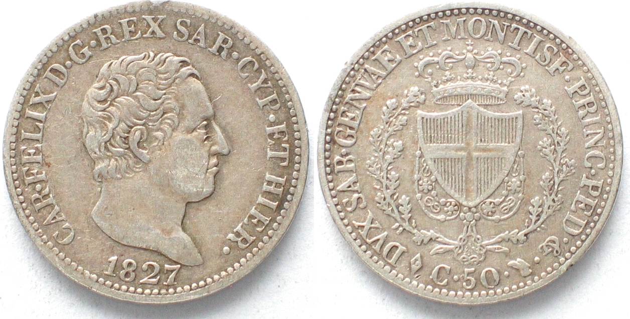 Italien - Sardinien SARDINIA 50 Centesimi 1827 L Turin CARLO FELICE silver  VF+ # 97441