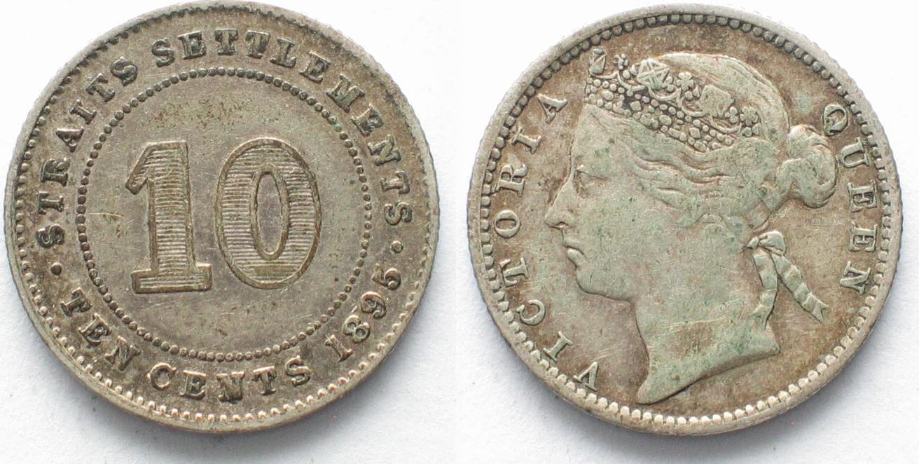 straits settlements 10 cents 1895 victoria silver vf # 98007 vf