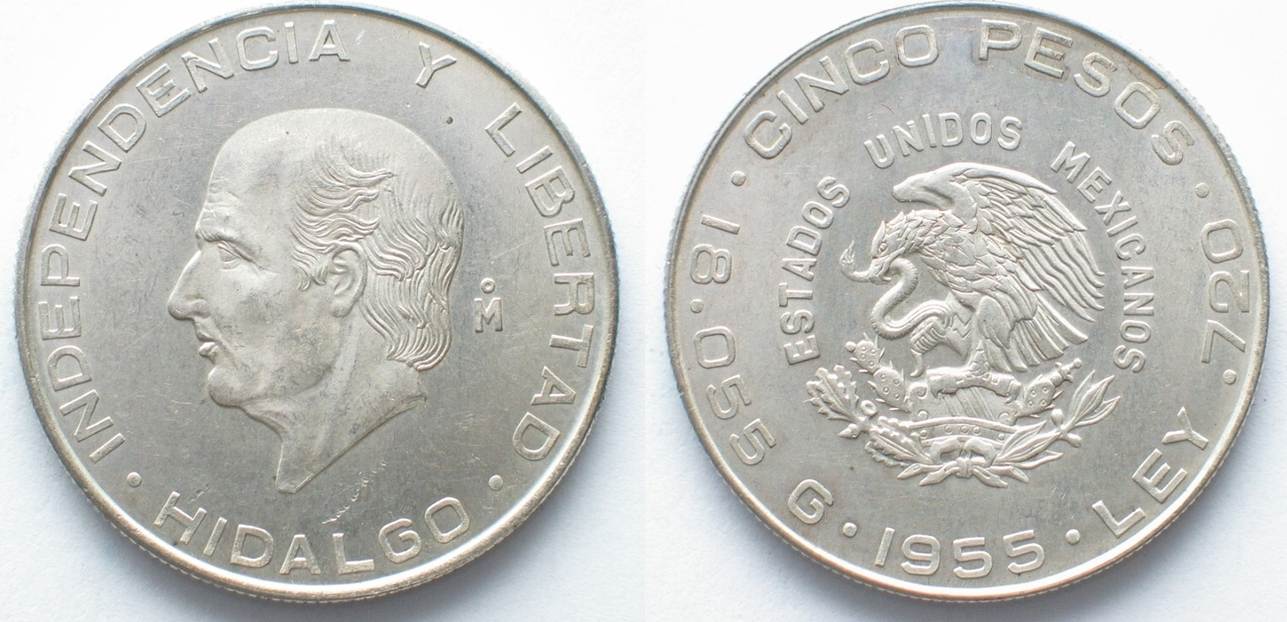 1955 Mo Mexico 5 Peso Hidalgo Silver Coin Unc. 