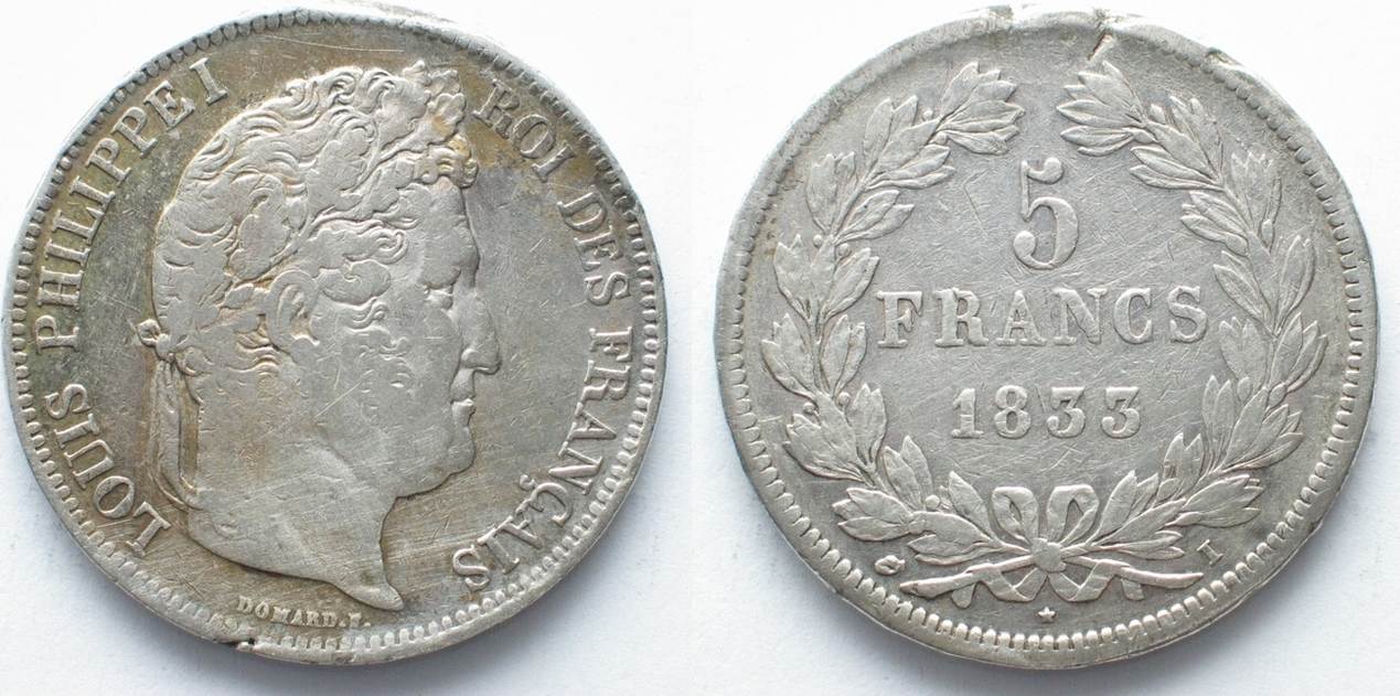 Frankreich FRANCE 5 Francs 1833 I - Limoges LOUIS PHILIPPE Silver VF ...