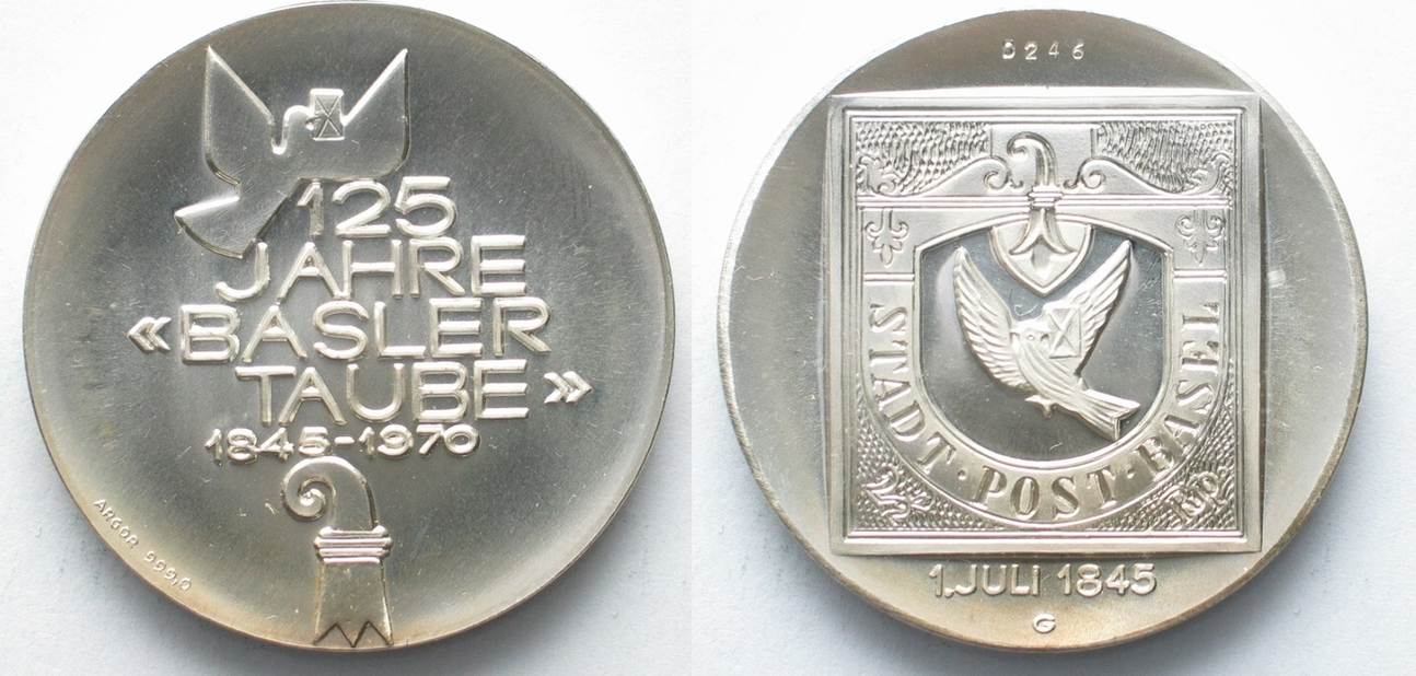 Schweiz Medaillen 125 Years Basler Taube Stamp Medal 1970 By Argor Silver 40mm 30g Scarce Bu Ma Shops