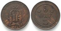 Schweden SWEDEN. 5 Öre 1877, OSCAR II, bronze, key date, VF-XF -