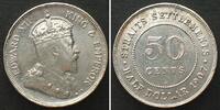 Straits Settlements STRAITS SETTLEMENTS 50 Cents 1907 H EDWARD VII silver AU! -