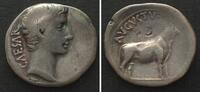 Roman Imperial AUGUSTUS (27 BC-14 AD). AR Denarius, Samos or Pergamum mint, bull standing, VF -