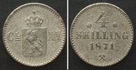Norwegen NORWAY. 4 Skilling 1871, CARL XV of SWEDEN, silver, ONE YEAR TYPE! UNC-! -