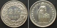 Schweiz SWITZERLAND. 2 Francs 1967 B, silver SPECIMEN -