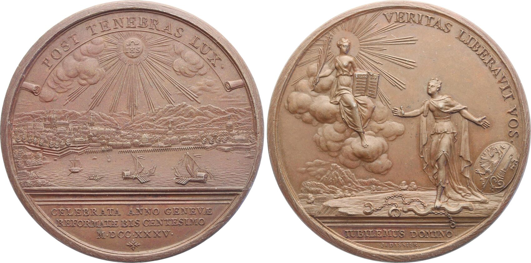 Bronzemedaille 200 Jahre Reformation in Genf 1735. Schöne Patina, UNC