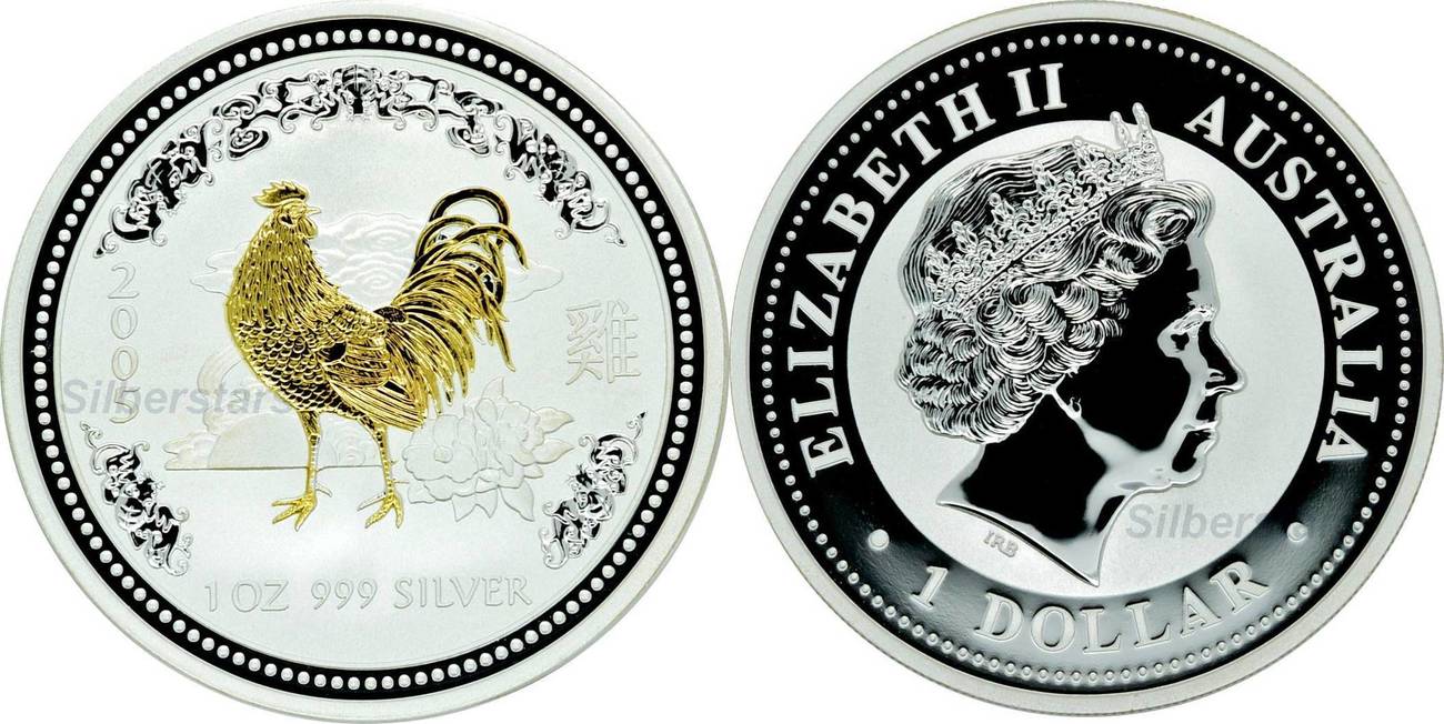 Gilded Edition 2005 Year of the Rooster Australian lunar silver coin