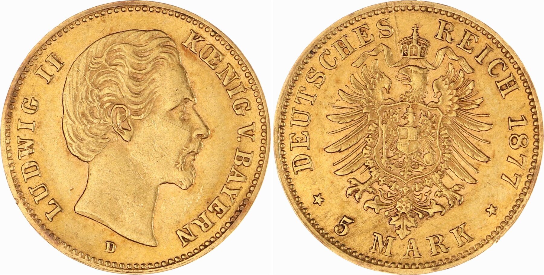 Bayern 5 Mark Gold 1877 D Ludwig II. 1864-1886. Winz. Kratzer, minimal ...