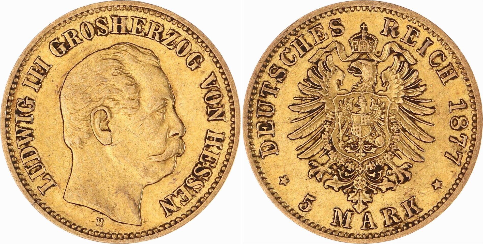 Hessen 5 Mark Gold 1877 H Ludwig III 1848 1877 VF MA Shops