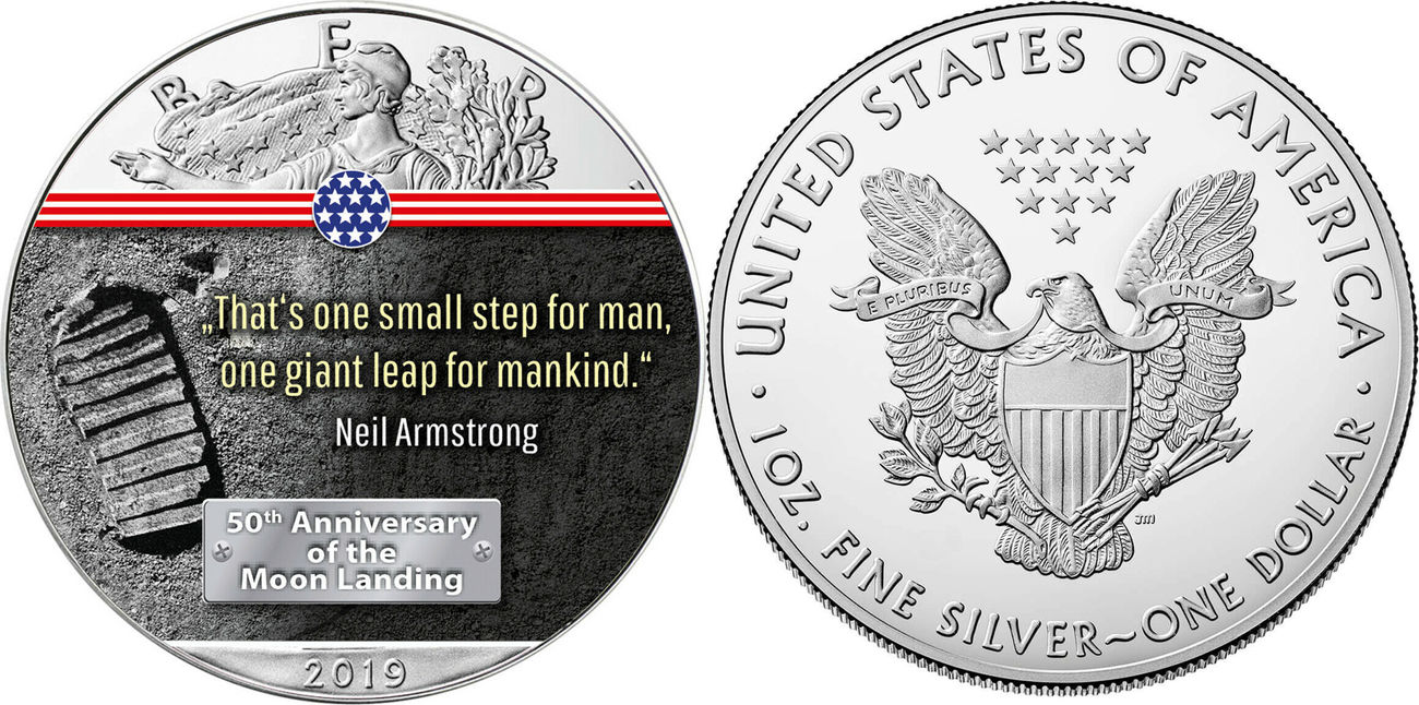 Usa 1 Dollar 19 1oz Silvercoin Moon Landing First Step On The Moon America Silver Eagle 50 Years Brilliant Uncirculated Ma Shops