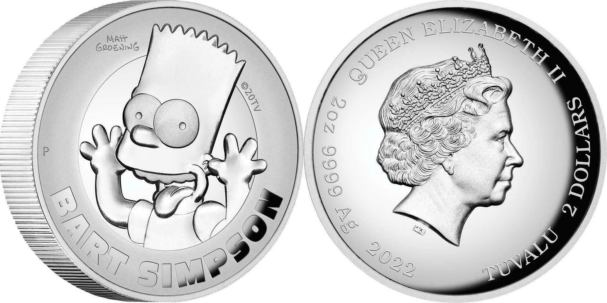 Tuvalu 2022 Perth Mint The Simpsons Bart Simpson 2 oz Silvercoin with ...