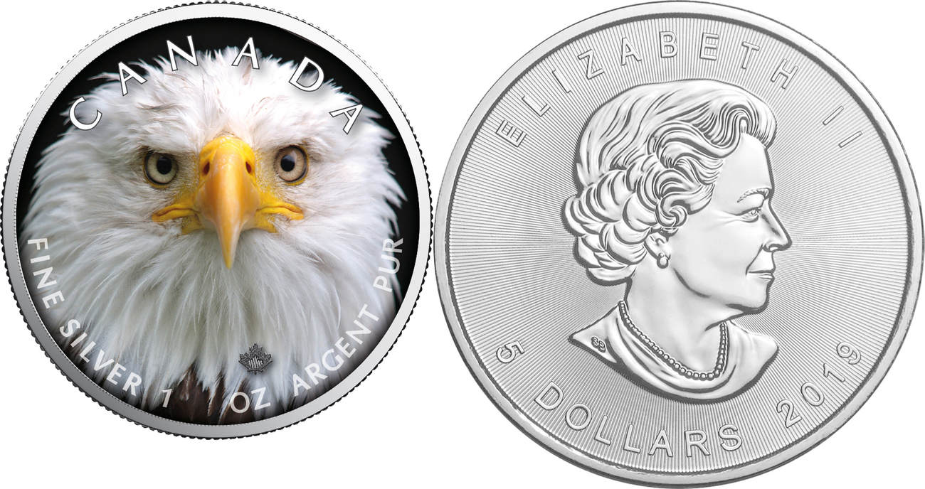 CANADA/'S WILDLIFE MAPLE LEAF BALD EAGLE 2019 1 oz Pure Silver Color Coin