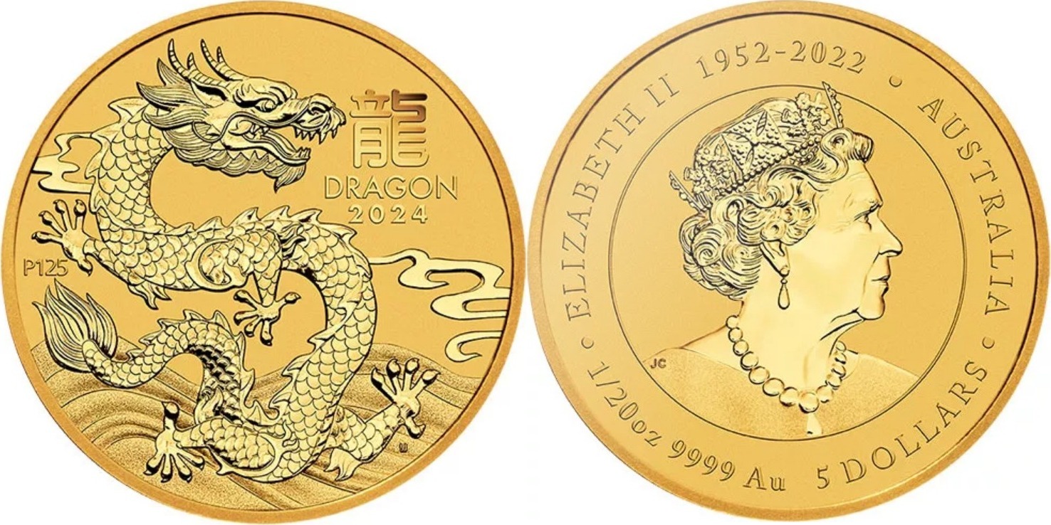 Australien 5 AUD Gold Coin Lunar III Year Of The Dragon 2024 1 20 Oz   2520 120 Oz Lunar Iii Drache Gold 2024 Vs C 